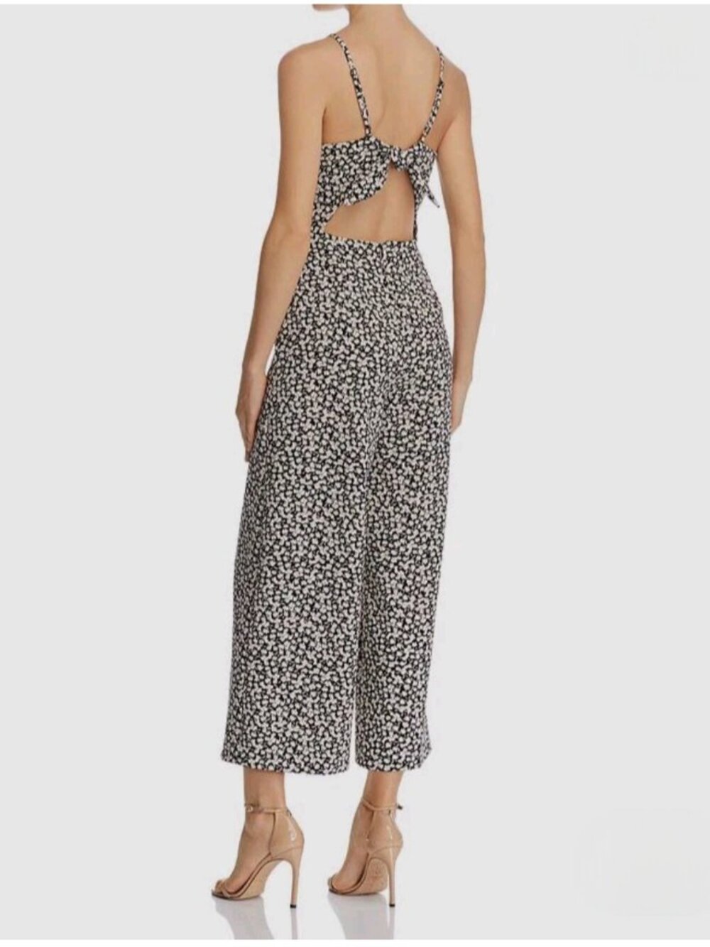 French Connection Black White Floral Jumpsuit Size 6 Open Tie Back Wide Leg Wedd